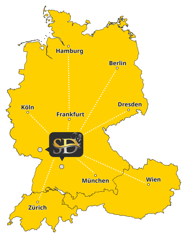 DACH-Region Servicegebiet mit Schepanski Standort und Verbindungen zu Hauptstädten